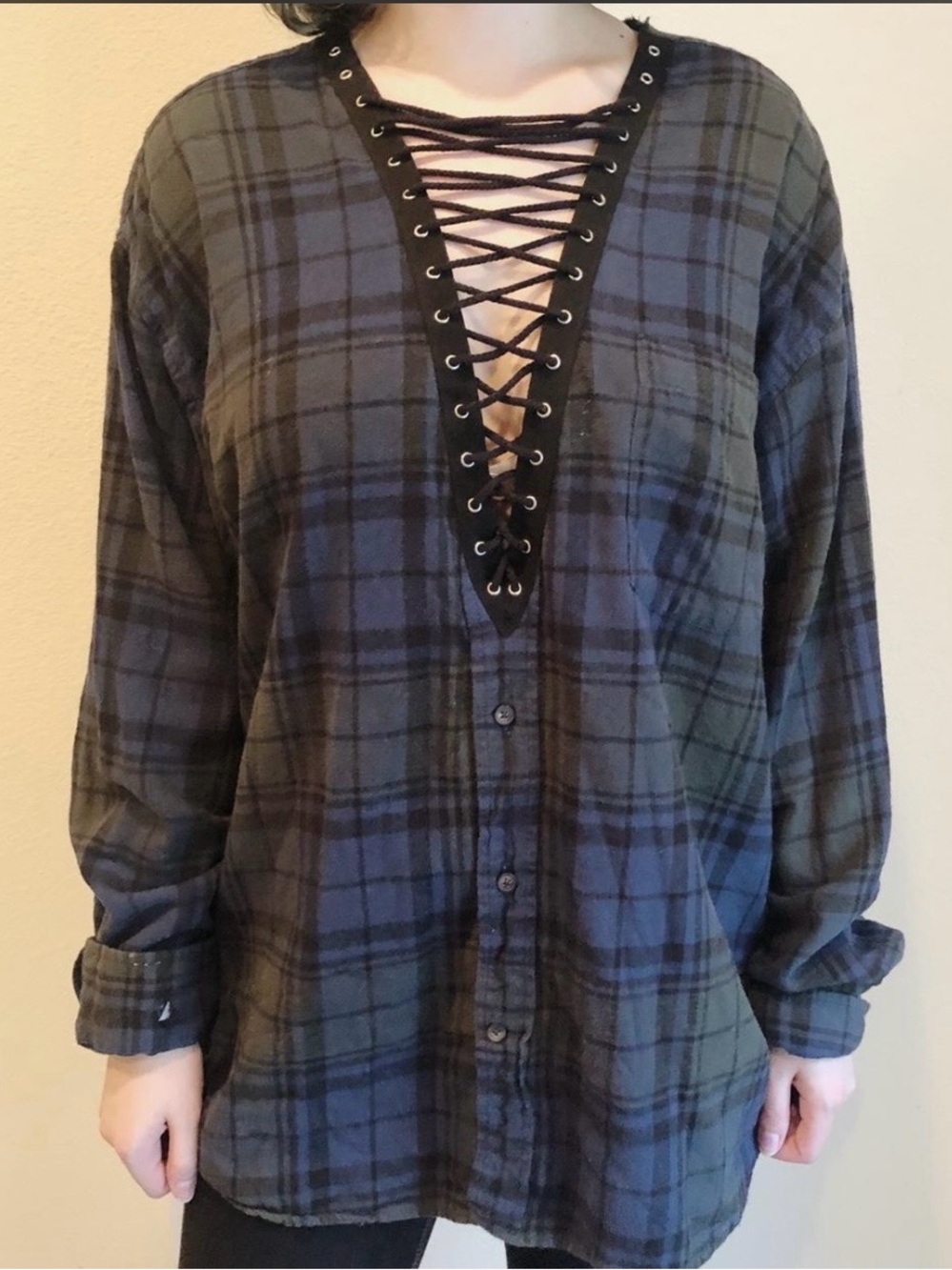LF- Rare Lace-Up Plaid Button-Down Shirt — Black and Olive